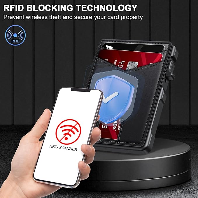 Airtag Wallet for Men, Mens Smart Wallet for Air Tag RFID Blocking, Minimalist Bifold Pop Up Aluminum Credit Card Case Holder 12+ Cards with ID Window, Gift for Men, No Airtag Included, Black