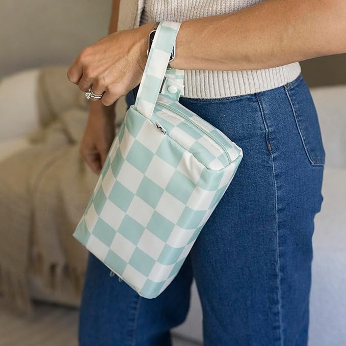 Tiny Twinkle Waterproof Travel Toiletry & Makeup Bag Organizer | Large Capacity Cosmetic Case with Compartments & Handle, A Thoughtful Travel Companion for Women（Sage Checkers