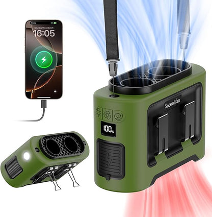 Socool 14500mAh Portable Waist Fan Clip On Wearable Belt Shirt Fan 5 Speeds with Dual Air Outlet & Flashlight Personal Hanging Neck Fans Battery Operated Rechargeable 40H Cooling For Camping Jobsite