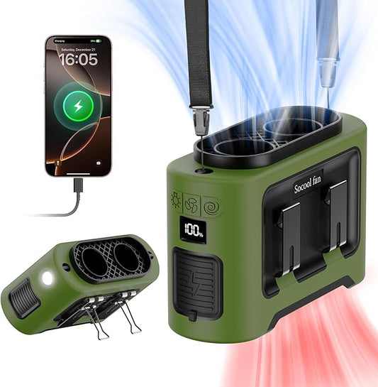 Socool 14500mAh Portable Waist Fan Clip On Wearable Belt Shirt Fan 5 Speeds with Dual Air Outlet & Flashlight Personal Hanging Neck Fans Battery Operated Rechargeable 40H Cooling For Camping Jobsite