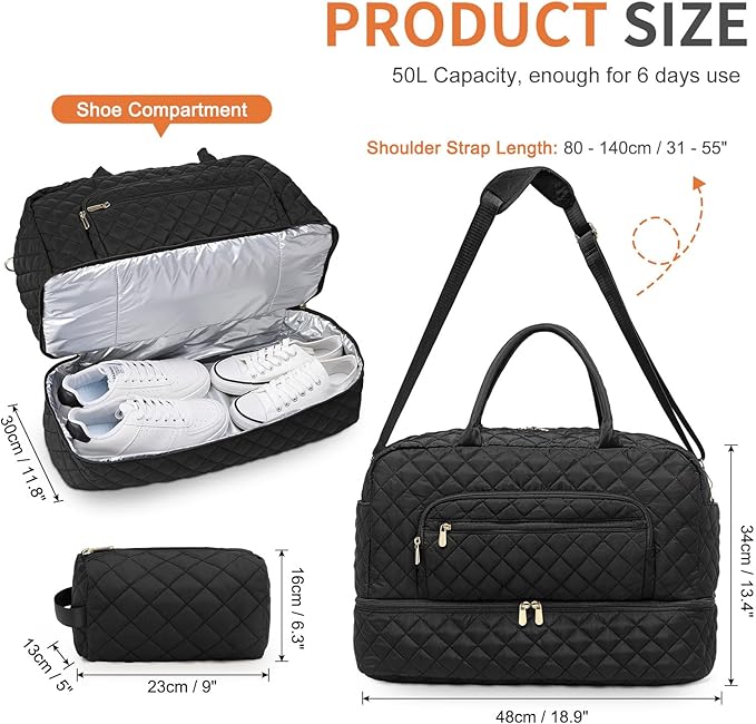 50L Large Travel Duffle Bag for Women, Weekender Overnight Bag W/Shoe Compartment+Wet Pocket+Toiletry Bag TSA Approved, Black