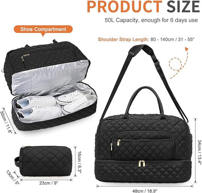 50L Large Travel Duffle Bag for Women, Weekender Overnight Bag W/Shoe Compartment+Wet Pocket+Toiletry Bag TSA Approved, Black