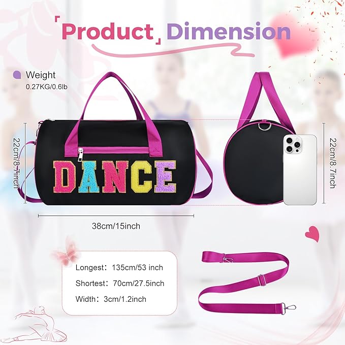 Dance Bag for Girls, KUIRAN 23L Waterproof Travel Duffel Bag with Colorful Chenille Letter, Lightweight Small Gym Sport Ballet Bag Weekender Bag with Large Main Compartment 15"Lx9"Wx9"H - Black