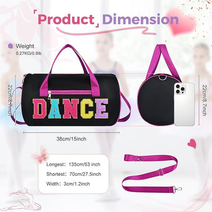 Dance Bag for Girls, KUIRAN 23L Waterproof Travel Duffel Bag with Colorful Chenille Letter, Lightweight Small Gym Sport Ballet Bag Weekender Bag with Large Main Compartment 15"Lx9"Wx9"H - Black
