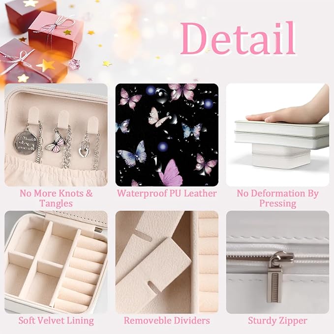 Colorful Butterfly Leather Jewelry Boxes, Black Mini Travel Jewelry Case Organizer, Dark Romance Jewelry Organizers and Storage with Mirror, Christmas and Birthday Present for Women's and Girls