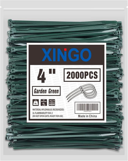 XINGO Garden Green Zip Ties 4 Inch 2000 Pack, Small Zip Ties with 18lbs Tensile Strength, Self-Locking Nylon PA66 Cable Ties for Electronics Organizer, Home Office Garage Multiple Use