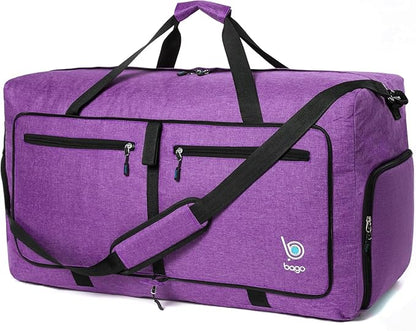 Bago Large Foldable Duffel Bags for Traveling Women & Men - 80L Packable Duffle Bag for Travel with Shoe Compartment - Water Repellant, Heavy Duty, Lightweight Folding & Collapsible (SnowDepPurple)