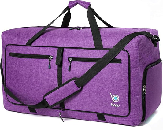 Bago Large Foldable Duffel Bags for Traveling Women & Men - 80L Packable Duffle Bag for Travel with Shoe Compartment - Water Repellant, Heavy Duty, Lightweight Folding & Collapsible (SnowDepPurple)