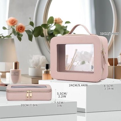 Pinkmik Clear Makeup Bag with Brush Bag 2pcs Waterproof Travel Case for Cosmetics and Toiletries Women's Cosmetic Organizer with Zipper (Pink, L+SLIM)