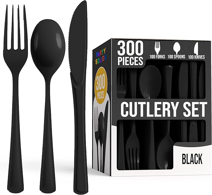 Black Plastic Silverware Heavy Duty 300 Pieces Black Disposable Silverware Heavy Duty, Utensil Sets, 100 Of Each Forks, Knives & Spoons Disposable Cutlery Set For Party Supplies