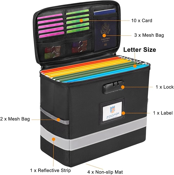 Fireproof File Box with Lock, Document Box Storage Organizer, Suitable for Hanging File Folders in Letter Size, Collapsible File Box, Reflective Strip for Fast Find (12.2"*6"*10.2 (Black, 2Pcs)