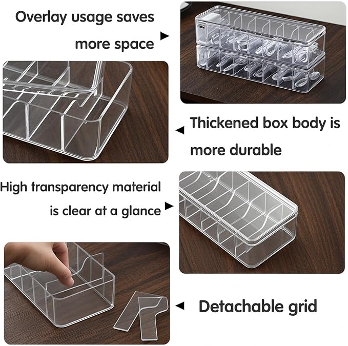 2 Pack Plastic Cord Organizer Box with 20 Wire Ties, Electronics Accessories Storage Case, Clear Cell Phone Cord Storage Organizer with 8 Compartments for Home Office Desk Organizers