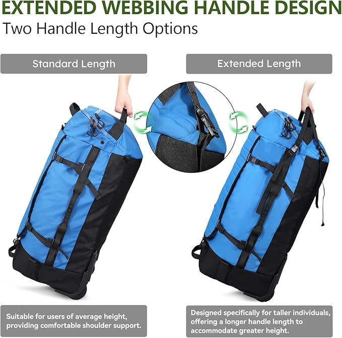 Vomgomfom 86L Collapsible Wheeled Luggage With Removable Backpack Straps,Waterproof Rolling Duffle Bag with Quilted Base,No Telescope Handle,Blue