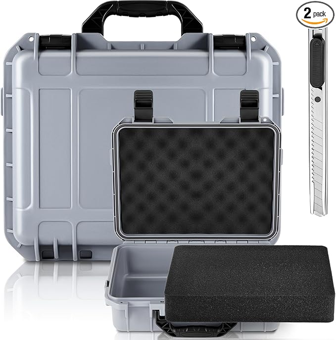 1 Pcs 14.3 x 11.4 x 4.5 Inch Waterproof Hard Case with DIY Customizable Foam Insert Portable Protective Case with Knife for Camera Drones Equipments Tools Test Instruments (Gray)