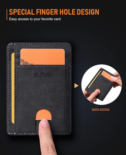 Buffway Slim Minimalist Front Pocket RFID Blocking Leather Wallets for Men and Women - At Sahara Carbon Black