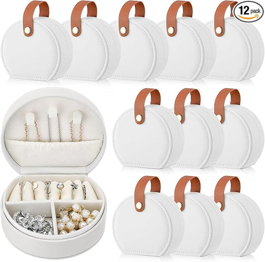 Weysat 12 Pack Travel Jewelry Case Mini Leather Bridesmaid Jewelry Gift Box Bulk Small Earring Storage Organizer (White,Brown)
