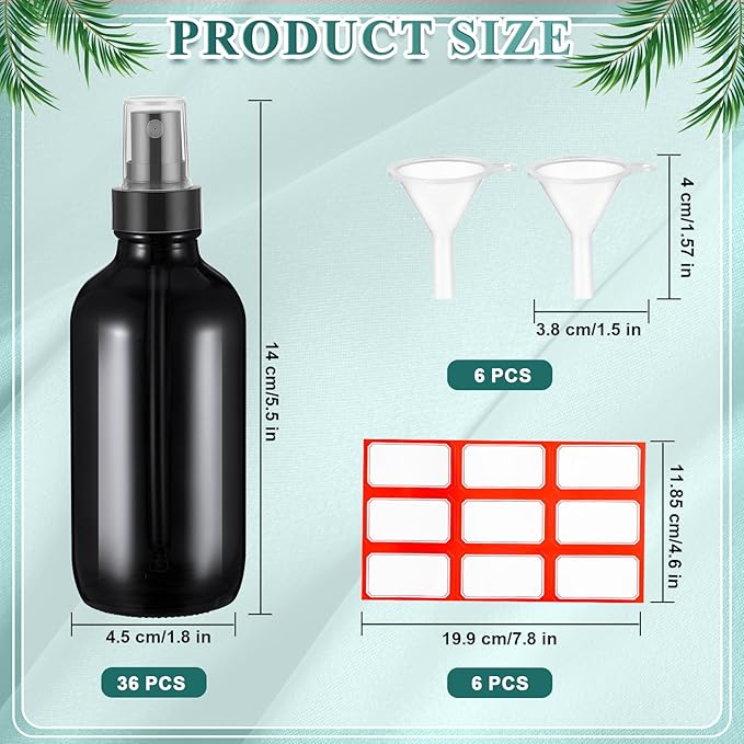 Fumete 36 Pcs Glass Spray Bottles 4oz Fine Mist Glass Spray Bottle Refillable Liquid Containers with 6 Labels 6 Funnel for Hair Travel Plants Cleaning Solutions Skin Care(Black,Classic)