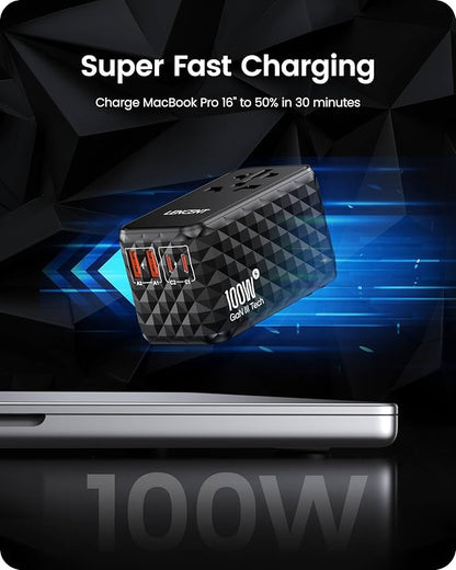 LENCENT 100W International Travel Adapter, GaN Universal Travel Adapter with 2 USB-A & 2 Type C Power Adapter, Fast Charger for Phone,Laptops, Worldwide Plug Adapter for USA/UK/EU/AUS, Black