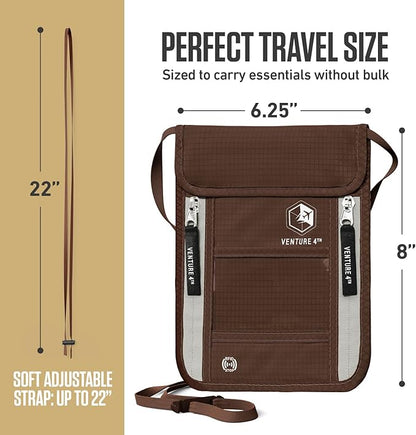 VENTURE 4TH Neck Wallet, RFID Blocking Passport Holder for Travel – Hidden Neck Pouch with 6 Compartments, Slim Lightweight Organizer with Adjustable Strap for Cash, Cards & Passport (Brown)