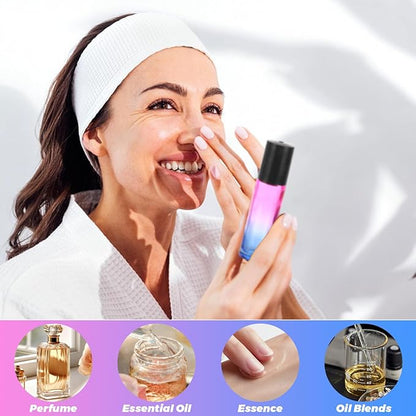 Acrux7 50 PCS 10ml Roller Bottles for Essential Oils, Gradient Color Glass Roll on Bottle Refillable Empty Perfume Roller Bottles with Stainless Steel Ball for Travel, Essential Oils, Perfume