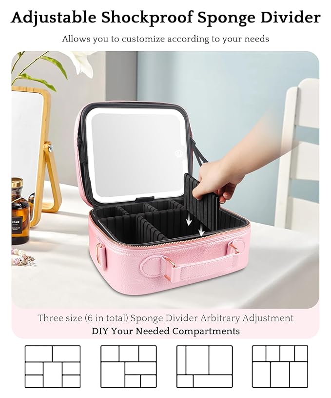 MOMIRA Travel Makeup Bag Cosmetic Bag with Lighted Mirror, Adjustable Brightness in 3 Color Scenarios/Detachable makeup mirror, All-round Upgrade, Waterproof, Gift for Women -Phosphor