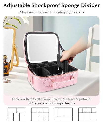 MOMIRA Travel Makeup Bag Cosmetic Bag with Lighted Mirror, Adjustable Brightness in 3 Color Scenarios/Detachable makeup mirror, All-round Upgrade, Waterproof, Gift for Women -Phosphor