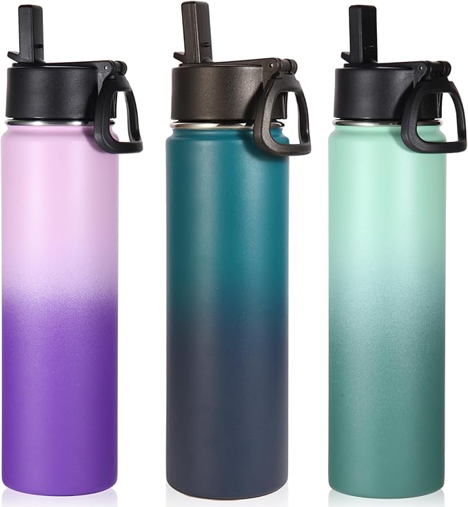Volhoply 24oz Insulated Water Bottle With Straw Bulk 3 Pack,Metal Wide Mouth Water Bottles With Handle Keep Cold,Reusable Double Wall Cups,Powder Coated Sport Bottle For Holder(Assorted,3 Count)