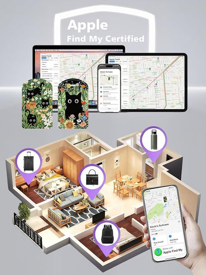 Luggage Tags Built-in Anti-Loss Tracker, Luxury Leather Luggage Tags for Suitcase, Travel Bags, Backpacks, Travel Organizer for Lost Baggage Prevention (Prairie Cat)