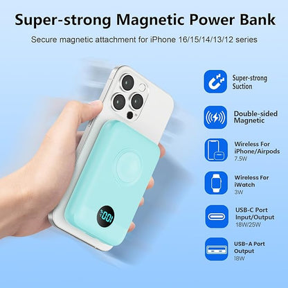 Magnetic Portable Charger for iPhone,10800mAh 4-in-1 Power Bank with iWatch Charger,25W PD Fast Charging Battery Pack for Magsafe,iPhone 17/16/15/14/13/12 Series,Apple Watch,Travel Essential,Green