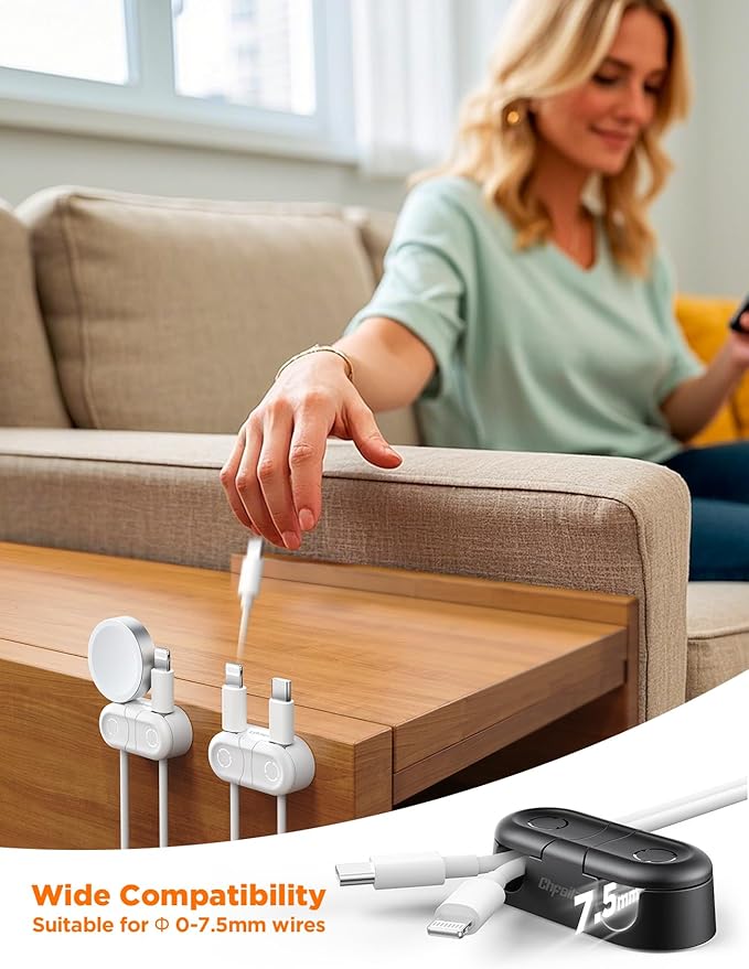 Magnetic Cable Clips - Chfeila 8Pack [Dual Slot] [360°Rotating & Twist-Lock] Cord Management, Adhesive Phone Charging Keeper, Wire Organizer Holder for Nightstand, Home Office Desk Accessories Decor