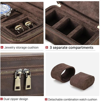 CONTACTS Watch Case Cufflinks Box for Men Small Luxury Leather Jewelry Storage Organizer for 2 Watches with Cufflinks Ring Pad