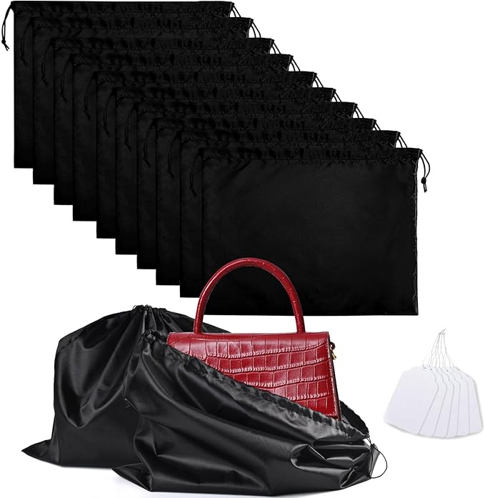 10 Pack Purse Dust Bags Large Silk Drawstring Dust Bag Cover for Handbag Shoe Storage(Black, L-23.6 × 19.6 in)