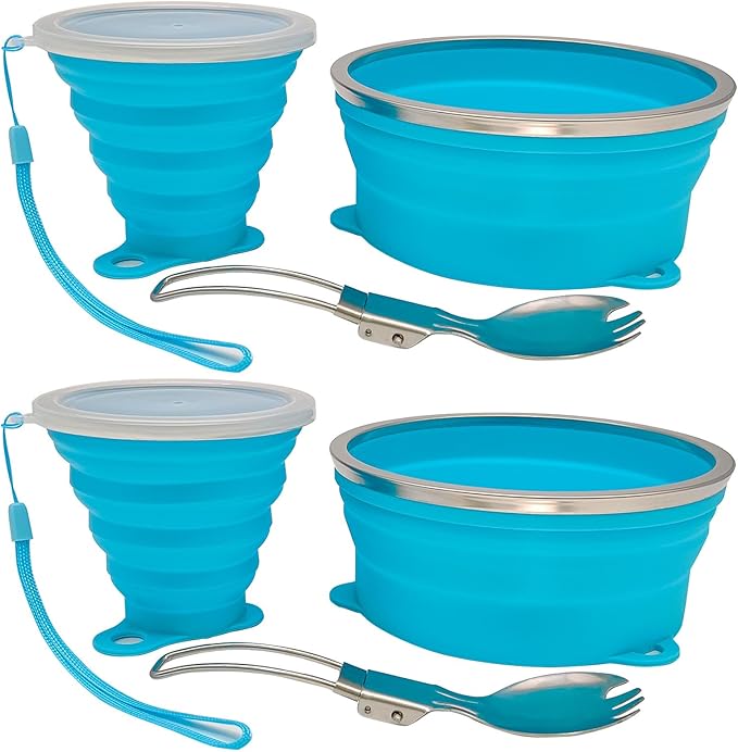 Mess Kit for Camping Silicone Collapsible Bowl Collapsible Cup and Stainless Steel Spoon for Backpacking Outdoor Hiking Traveling and Picnic - 2 Pack
