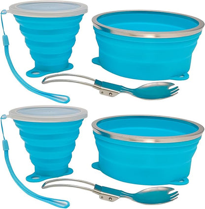 Mess Kit for Camping Silicone Collapsible Bowl Collapsible Cup and Stainless Steel Spoon for Backpacking Outdoor Hiking Traveling and Picnic - 2 Pack