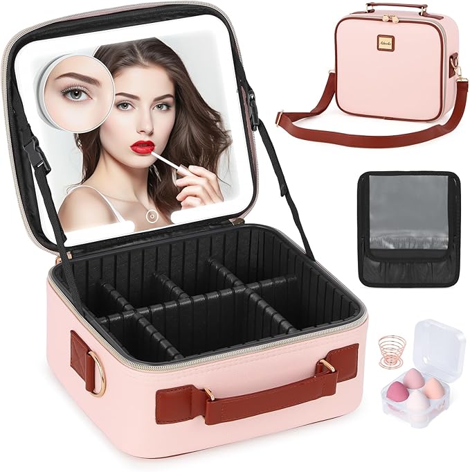 Travel Makeup Bag with Led Mirror Make up Case with Lighted Mirror Cosmetic Organizer bag with Adjustable Dividers and 5X Magnifying Mirror Makeup Box Vanity Case for Women