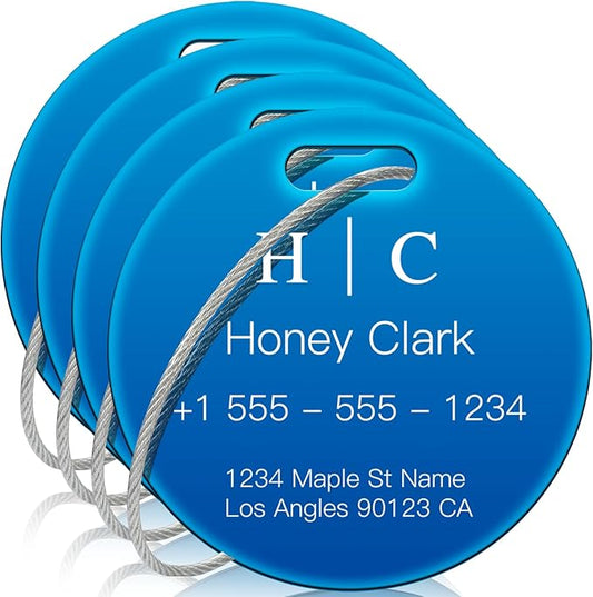 Stainless Luggage Tags for Suitcases 4 Pack: Metal Personalized Luggage Tags for Backpacks & Bags with Customizable Texts (Blue)