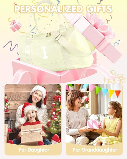 Initial Travel Duffel Bag Sports Gym Bag for Kids Teen Birthday Gifts,Beige Personalized Weekender Bag Carry On Dance Bags for Women Men,Waterproof Monogram Overnight Bag with Trolley Sleeve(Letter I)