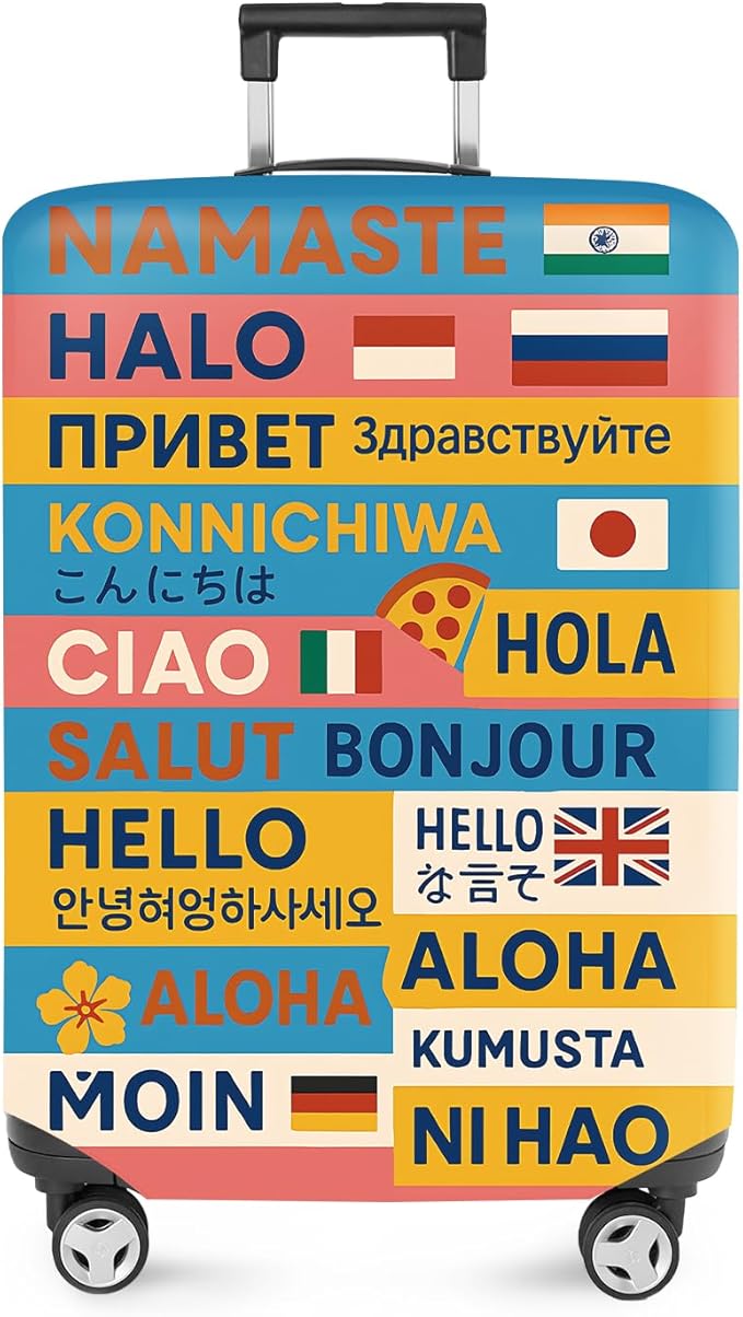 ANNA QUEEN Funny Multilingual Greetings Luggage Cover, Suitcase Protector with Hello in 15+ Languages, Stretchable, Washable Travel Cover for 24-26 Inch Luggage