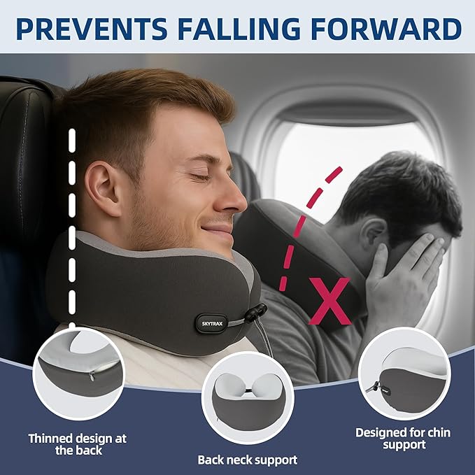 SKYTRAX COMF® Premium Ergonomic Memory Foam Travel Neck Pillow, Washable Cooling Ice Silk Cover, Firm Neck Support for Airplane Long Flights & Pain Relief, with Portable Carry Case (Grey)