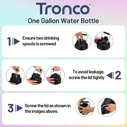 Tronco 1 Gallon Water Bottle, 128 oz Large Stainless Steel Triple Wall Vacuum Insulated Water Jug with Straw Lid and Spout, Keep Cold 48 Hrs, Top Handle, Leak Proof, Wide Mouth, Sweat Proof, BPA Free