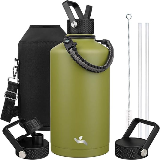 Gallon Insulated Water Bottle with Straw,128 oz 3 Lids Water Jug with Carrying Bag,Paracord Handle, Double Wall Vacuum Stainless Steel Metal Flask,Forest Green