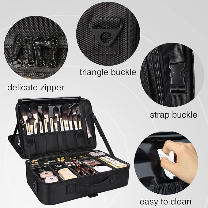 MONSTINA Large Capacity Makeup Case 3 Layers Cosmetic Organizer Brush Bag Barber Train Case Makeup Artist Box for Hair Curler Hair Straightener Brush Set and Cosmetics