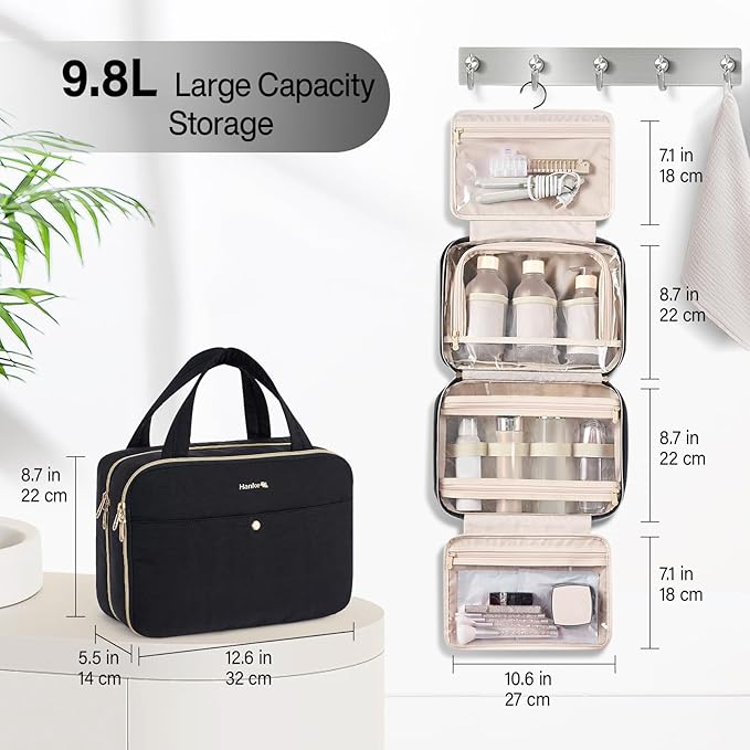 Hanke Hanging Travel Toiletry Bag for Women with Jewelry Organizer Compartment, Travel Essentials Toiletries and Makeup Bag, Water-Resistant & Stain-Resistant with Trolley Strap (Black)