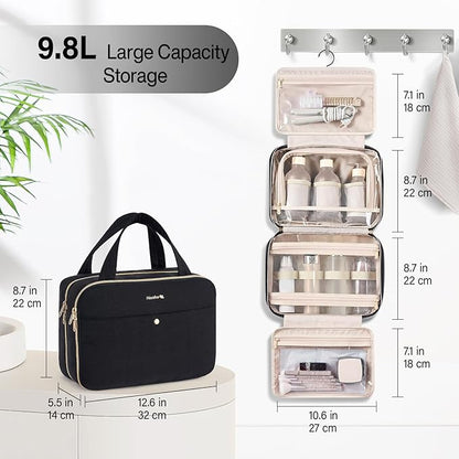 Hanke Hanging Travel Toiletry Bag for Women with Jewelry Organizer Compartment, Travel Essentials Toiletries and Makeup Bag, Water-Resistant & Stain-Resistant with Trolley Strap (Black)