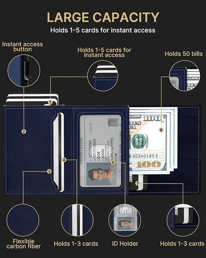 typecase Mens Wallet Card Holder: Pop Up Aluminum Case, Premium Genuine Leather, Smart, RFID Blocking, Slim, Minimalist, Front Pocket - 9-14 Card Capacity | ID Window | Cash Slot (Navy)