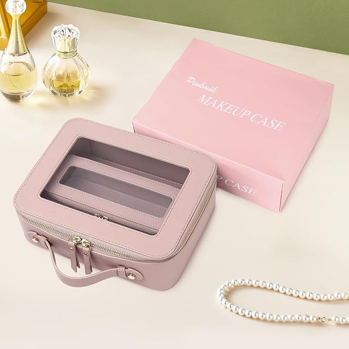 Pinkmik Clear Makeup Bag with Brush Bag 2pcs Waterproof Travel Case for Cosmetics and Toiletries Women's Cosmetic Organizer with Zipper (Pink, L+SLIM)