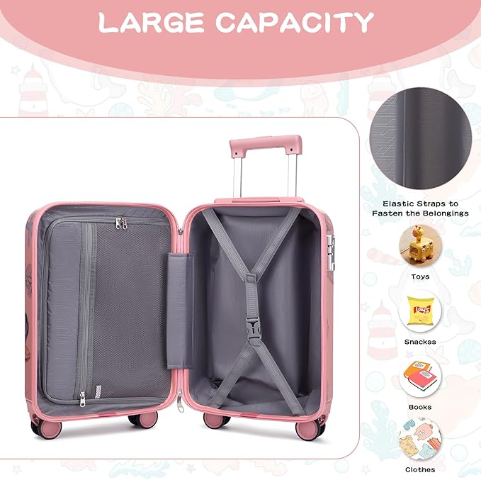 Somago 4 Piece Kid's Luggage with Backpack Set for Boys Girls Spinner 18" Hardside PC Rolling Carry on Suitcase with TSA Lock (Seashell Pink)