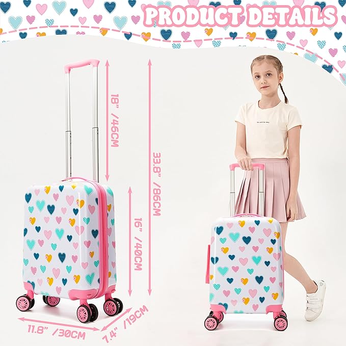 Kid's Luggage Set 3 Piece Suitcase Set 16" Hardside Luggage with Spinner Wheels Girls Carry on Toddler Travel Rolling Suitcase with Duffle Bag Neck Pillow Airline Approved