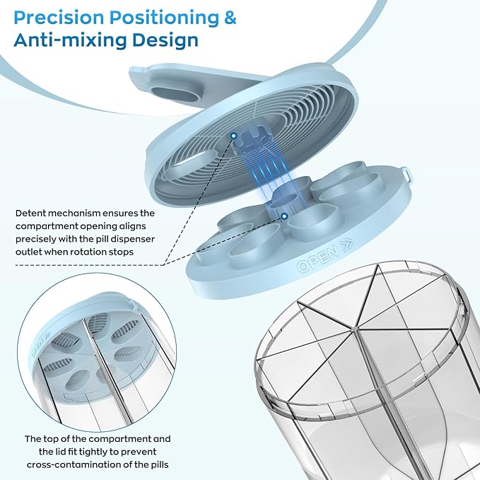 Pill Dispenser with 7 Large Compartments, 4.4" H x 3.6" Dia Pill Organizer for Travel, Supplement Organizer with Anti-Mixing Design, BPA-Free Pill Container with 20 Pcs Labels, Black+ Blue