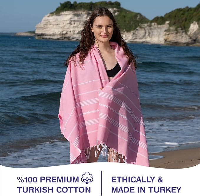 Turkish Beach Towels, Bulk Case of 12 | Oversized, Quick Dry, Sand Free | 100% Cotton, Large 38x71 Towels for Beach, Pool, Travel | Ultra-Soft, Compact, Absorbent | Pink